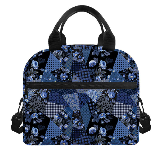 Blue Flower Patchwork Pattern Print Insulated Lunch Bag