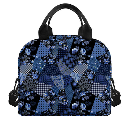 Blue Flower Patchwork Pattern Print Insulated Lunch Bag