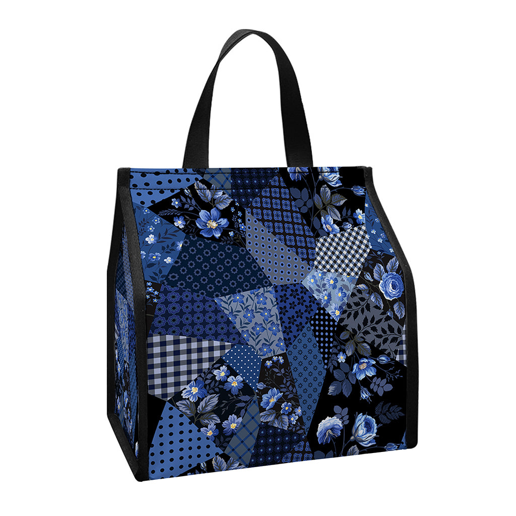Blue Flower Patchwork Pattern Print Insulated Lunch Tote