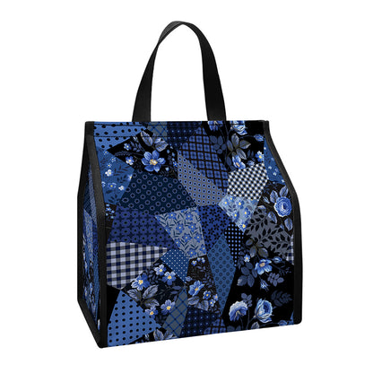 Blue Flower Patchwork Pattern Print Insulated Lunch Tote