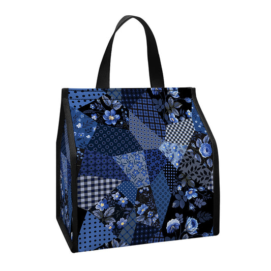 Blue Flower Patchwork Pattern Print Insulated Lunch Tote