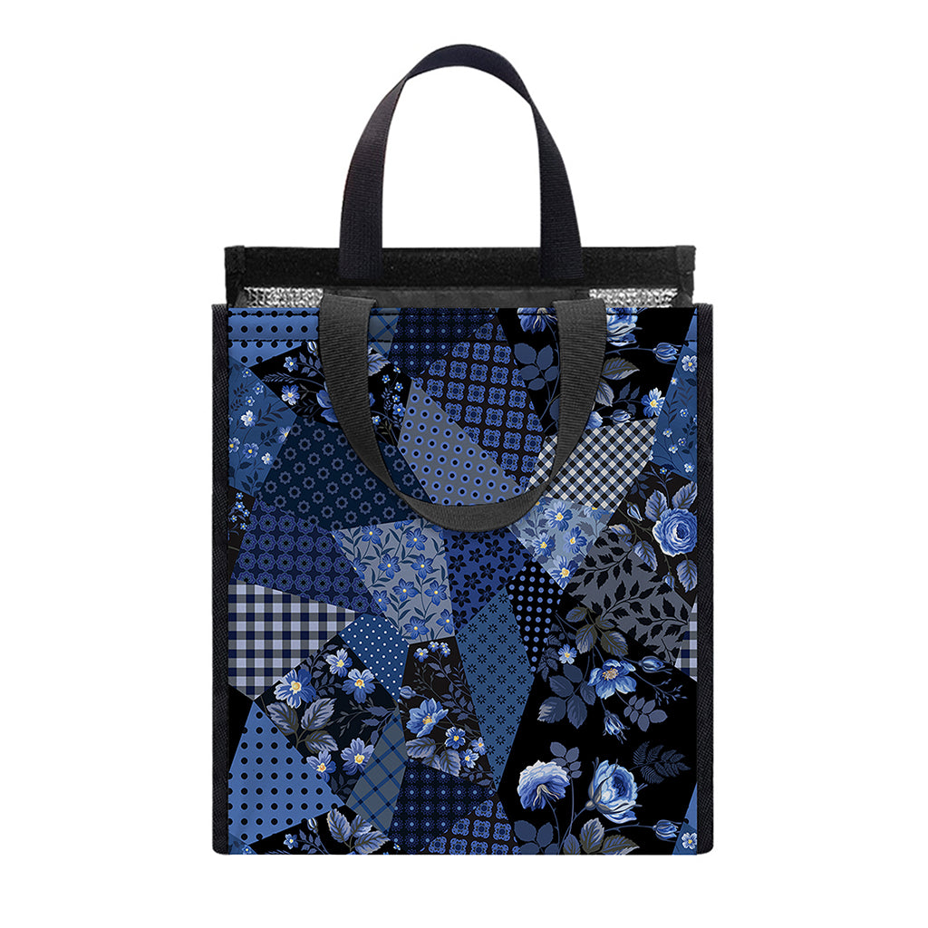 Blue Flower Patchwork Pattern Print Insulated Lunch Tote