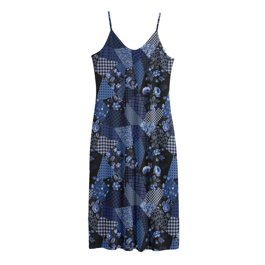 Blue Flower Patchwork Pattern Print Jersey Midi Cami Dress