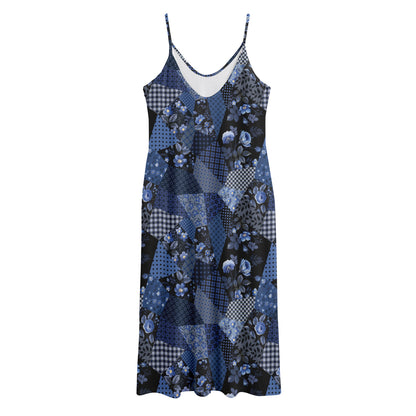 Blue Flower Patchwork Pattern Print Jersey Midi Cami Dress