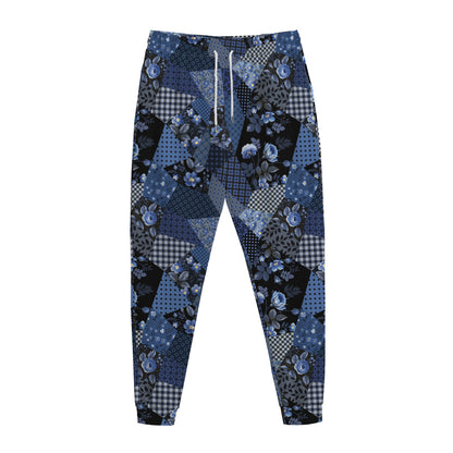 Blue Flower Patchwork Pattern Print Jogger Pants