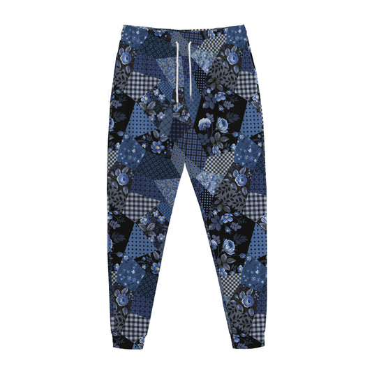 Blue Flower Patchwork Pattern Print Jogger Pants