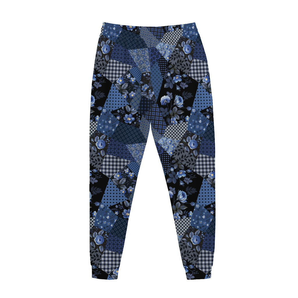 Blue Flower Patchwork Pattern Print Jogger Pants