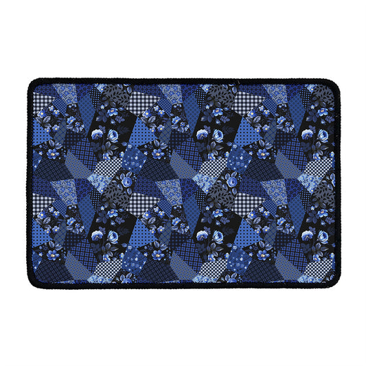 Blue Flower Patchwork Pattern Print Kitchen Mat