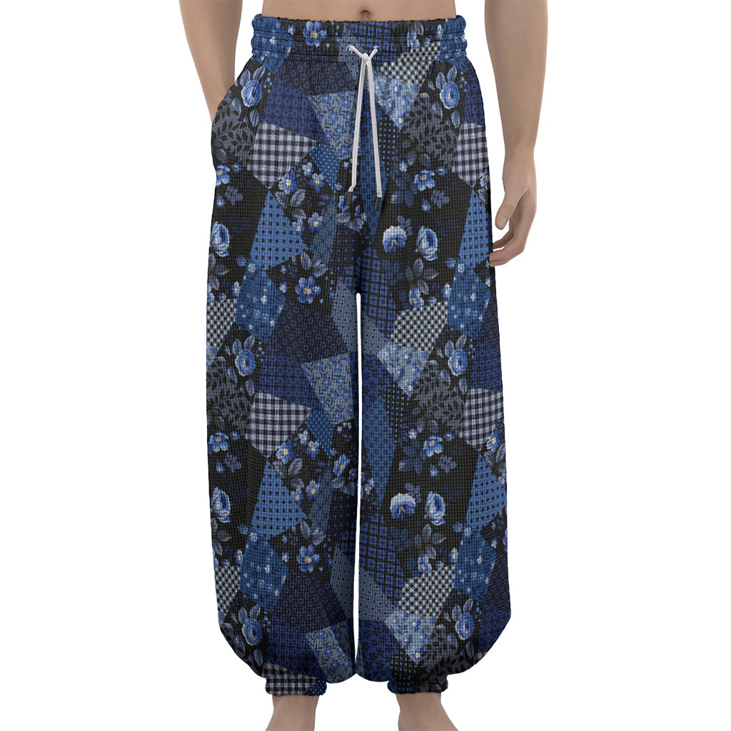 Blue Flower Patchwork Pattern Print Lantern Pants