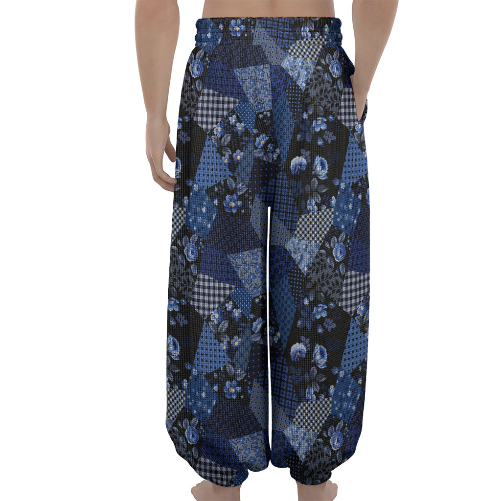 Blue Flower Patchwork Pattern Print Lantern Pants