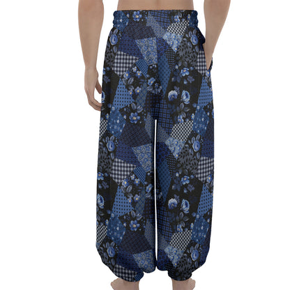 Blue Flower Patchwork Pattern Print Lantern Pants