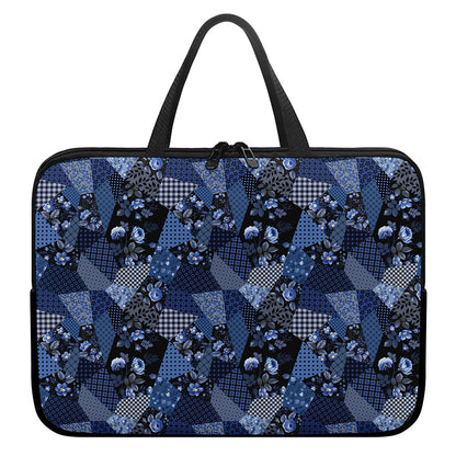 Blue Flower Patchwork Pattern Print Laptop Sleeve With Handle