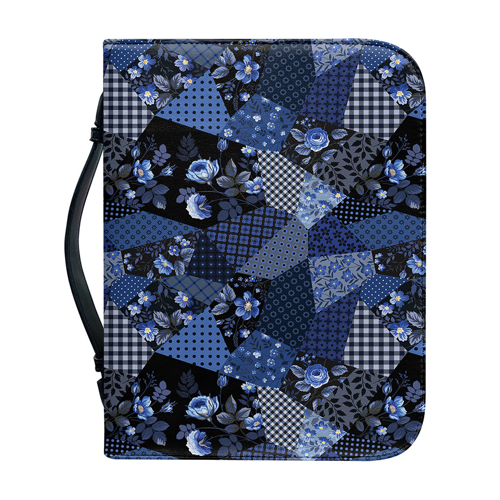 Blue Flower Patchwork Pattern Print Leather Bible Cover