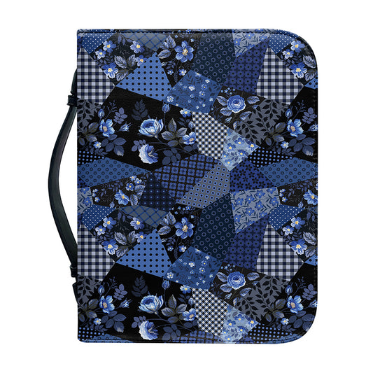 Blue Flower Patchwork Pattern Print Leather Bible Cover