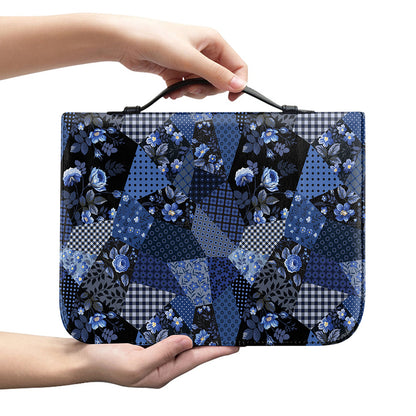 Blue Flower Patchwork Pattern Print Leather Bible Cover