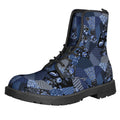 Blue Flower Patchwork Pattern Print Lace-Up Boots