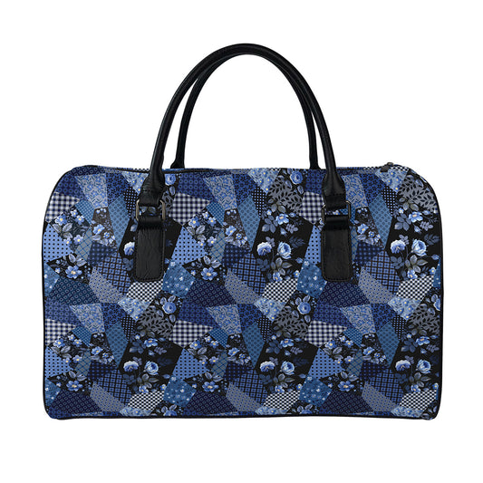 Blue Flower Patchwork Pattern Print Leather Duffle Bag