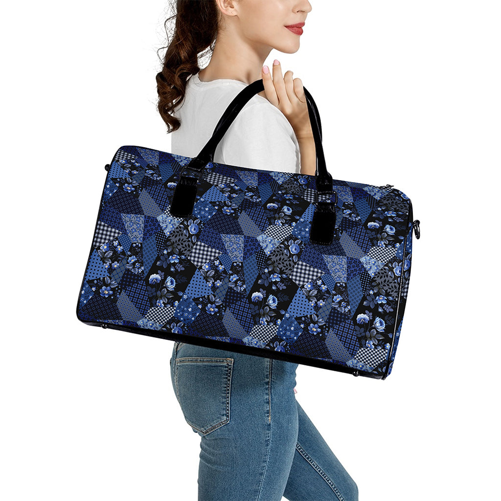 Blue Flower Patchwork Pattern Print Leather Duffle Bag
