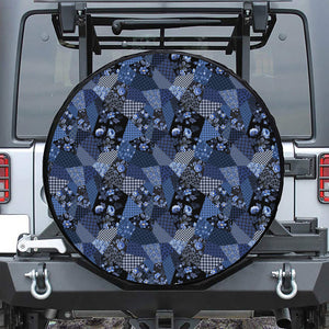 Blue Flower Patchwork Pattern Print Leather Spare Tire Cover