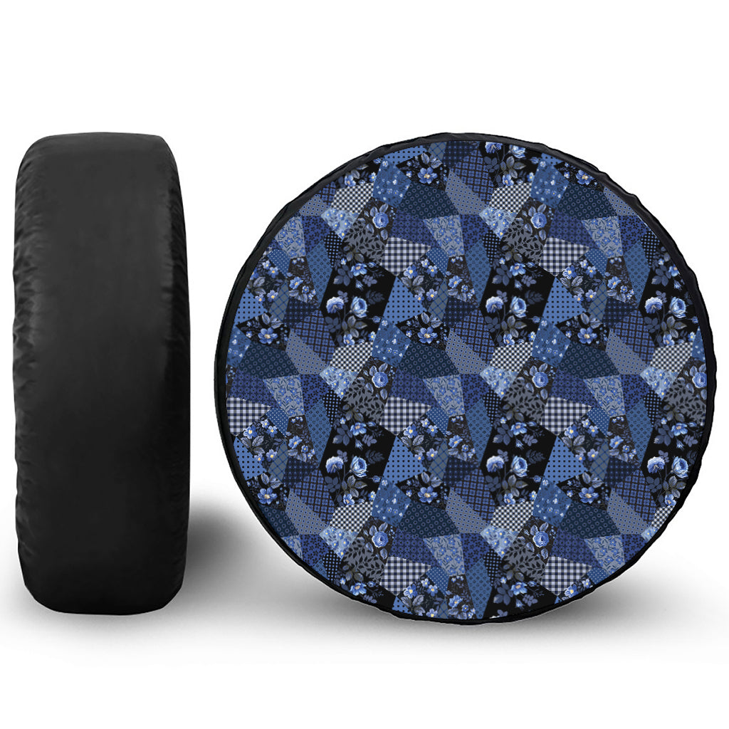 Blue Flower Patchwork Pattern Print Leather Spare Tire Cover