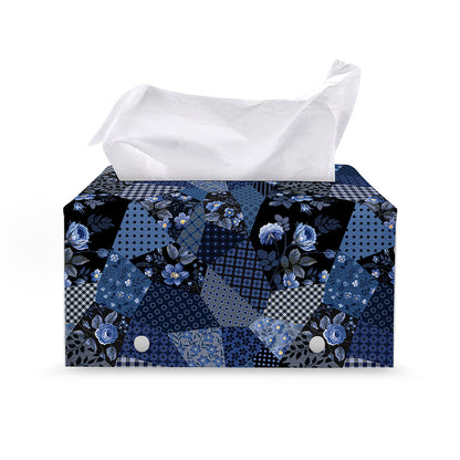 Blue Flower Patchwork Pattern Print Leather Tissue Box Cover