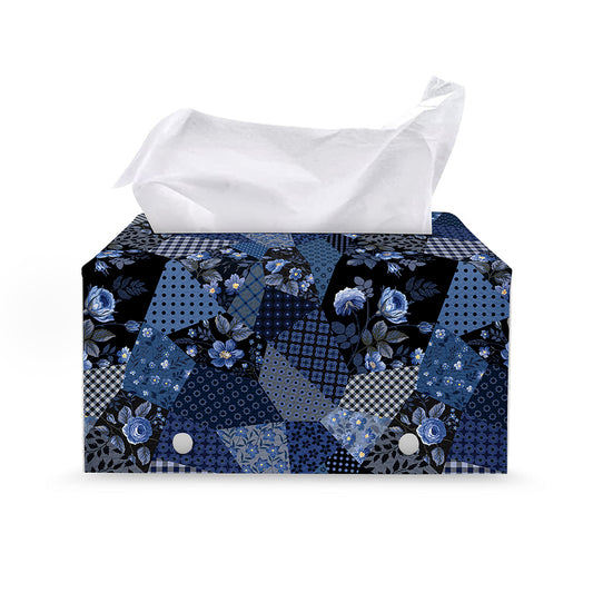 Blue Flower Patchwork Pattern Print Leather Tissue Box Cover