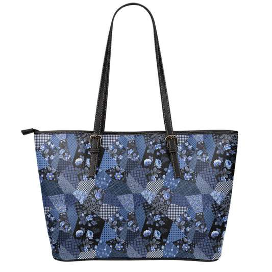 Blue Flower Patchwork Pattern Print Leather Tote Bag