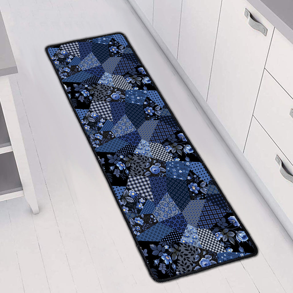 Blue Flower Patchwork Pattern Print Long Kitchen Mat