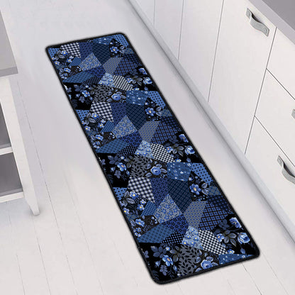 Blue Flower Patchwork Pattern Print Long Kitchen Mat