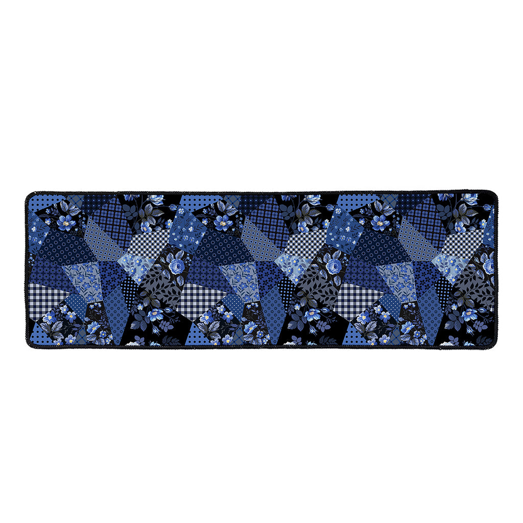 Blue Flower Patchwork Pattern Print Long Kitchen Mat