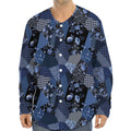 Blue Flower Patchwork Pattern Print Long Sleeve Baseball Jersey