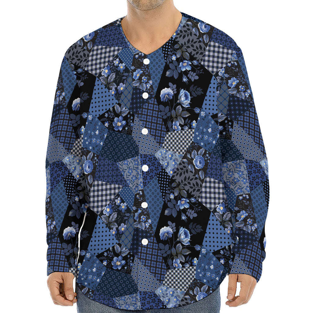 Blue Flower Patchwork Pattern Print Long Sleeve Baseball Jersey