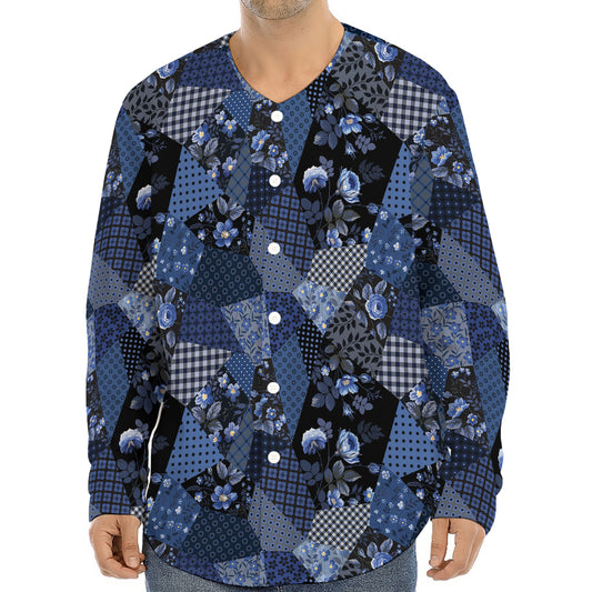 Blue Flower Patchwork Pattern Print Long Sleeve Baseball Jersey