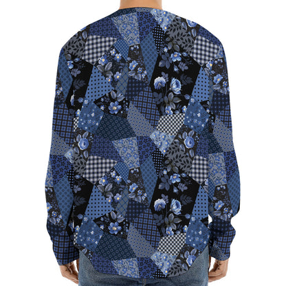 Blue Flower Patchwork Pattern Print Long Sleeve Baseball Jersey