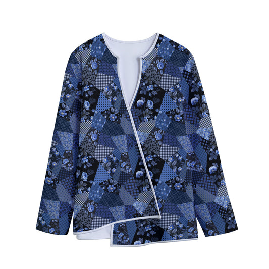 Blue Flower Patchwork Pattern Print Long Sleeve Short Coat