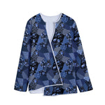 Blue Flower Patchwork Pattern Print Long Sleeve Short Coat