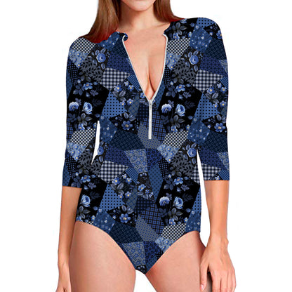 Blue Flower Patchwork Pattern Print Long Sleeve Swimsuit