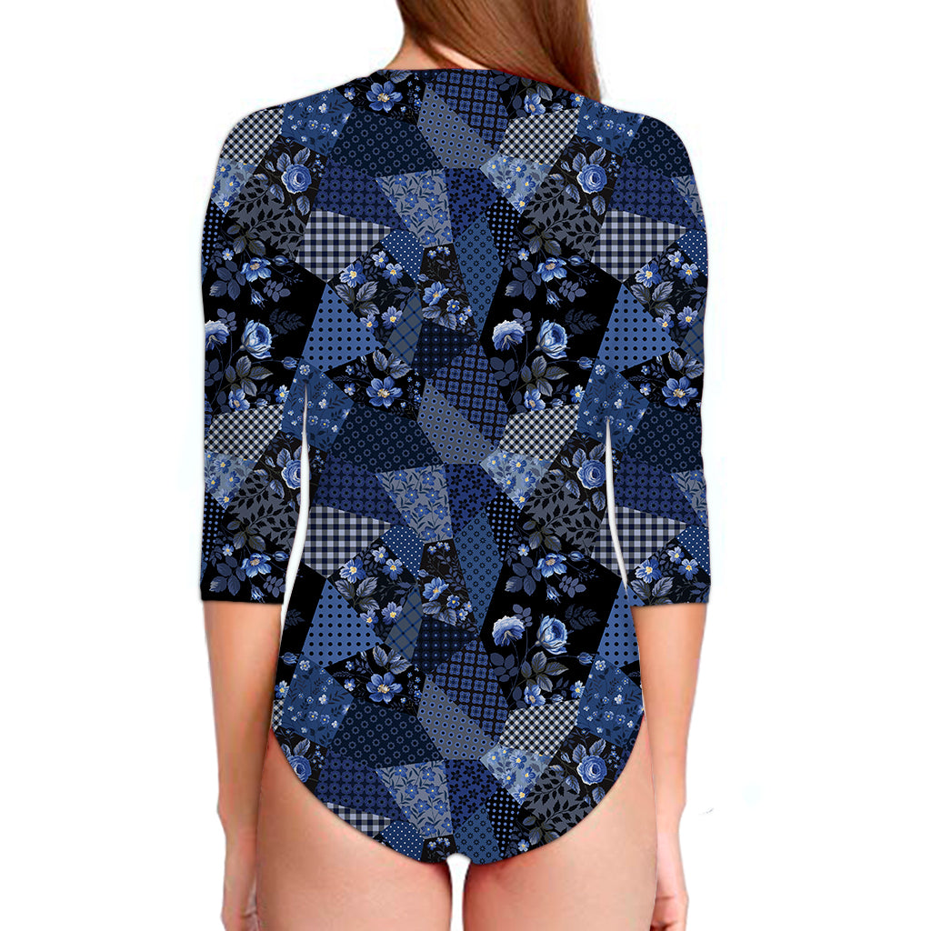 Blue Flower Patchwork Pattern Print Long Sleeve Swimsuit