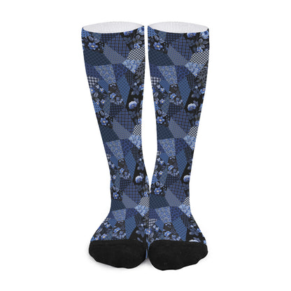 Blue Flower Patchwork Pattern Print Long Socks