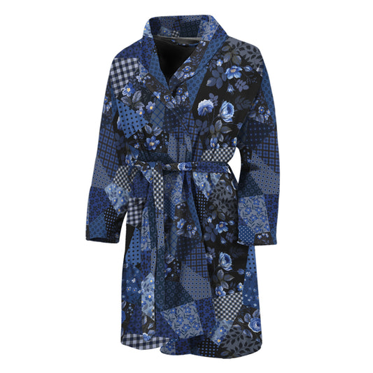 Blue Flower Patchwork Pattern Print Men's Bathrobe