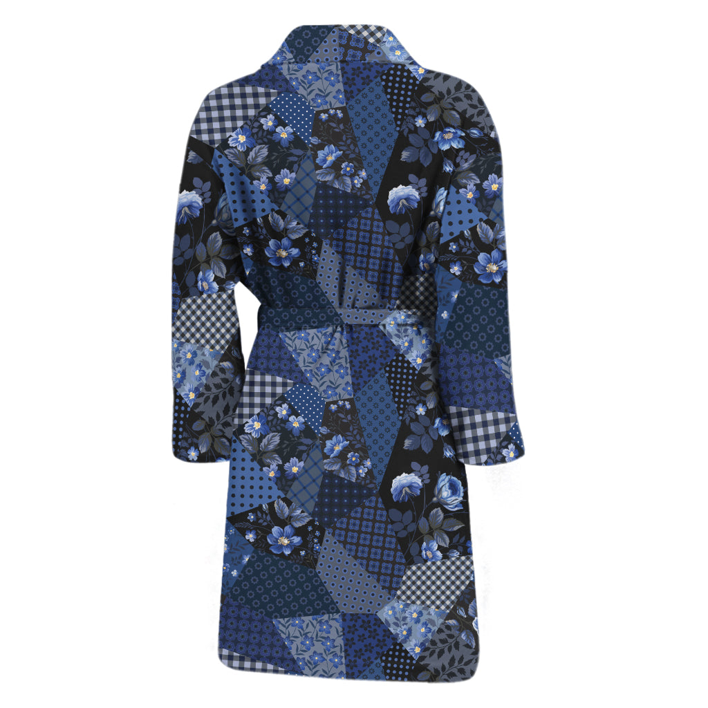 Blue Flower Patchwork Pattern Print Men's Bathrobe