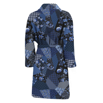 Blue Flower Patchwork Pattern Print Men's Bathrobe