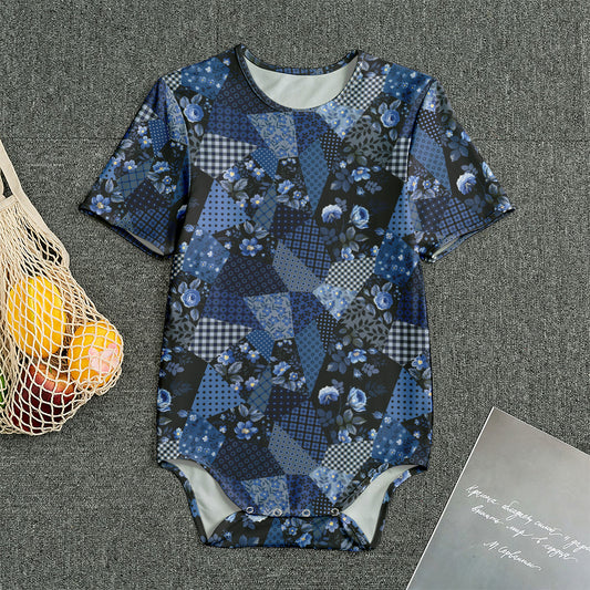 Blue Flower Patchwork Pattern Print Men's Bodysuit