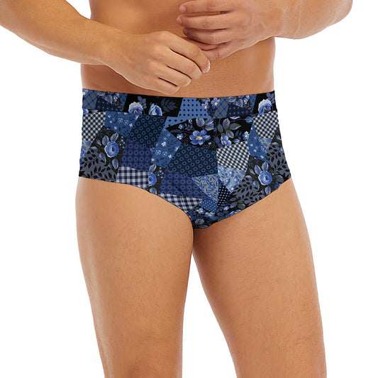 Blue Flower Patchwork Pattern Print Men's Briefs