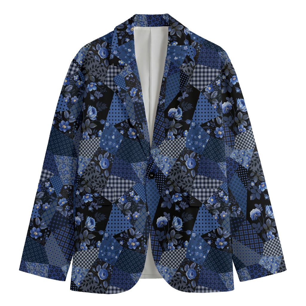 Blue Flower Patchwork Pattern Print Men's Cotton Blazer