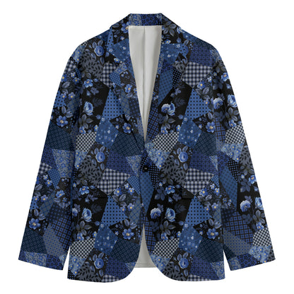 Blue Flower Patchwork Pattern Print Men's Cotton Blazer