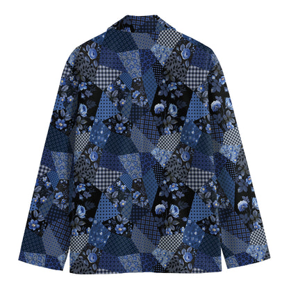 Blue Flower Patchwork Pattern Print Men's Cotton Blazer