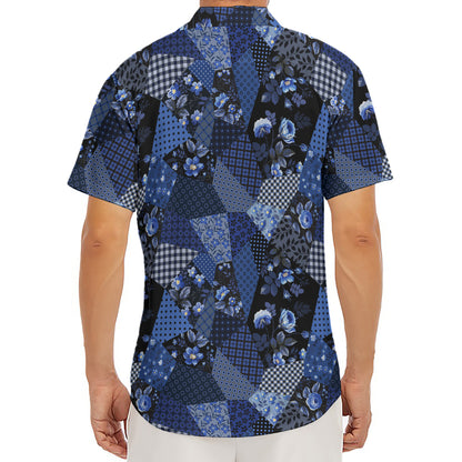 Blue Flower Patchwork Pattern Print Men's Deep V-Neck Shirt