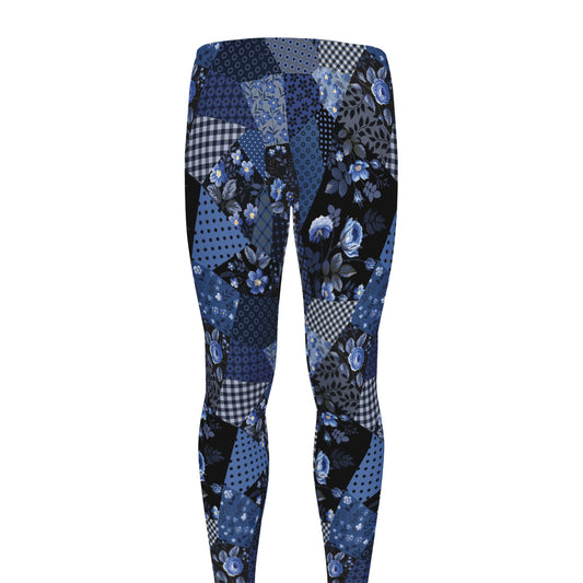 Blue Flower Patchwork Pattern Print Men's leggings