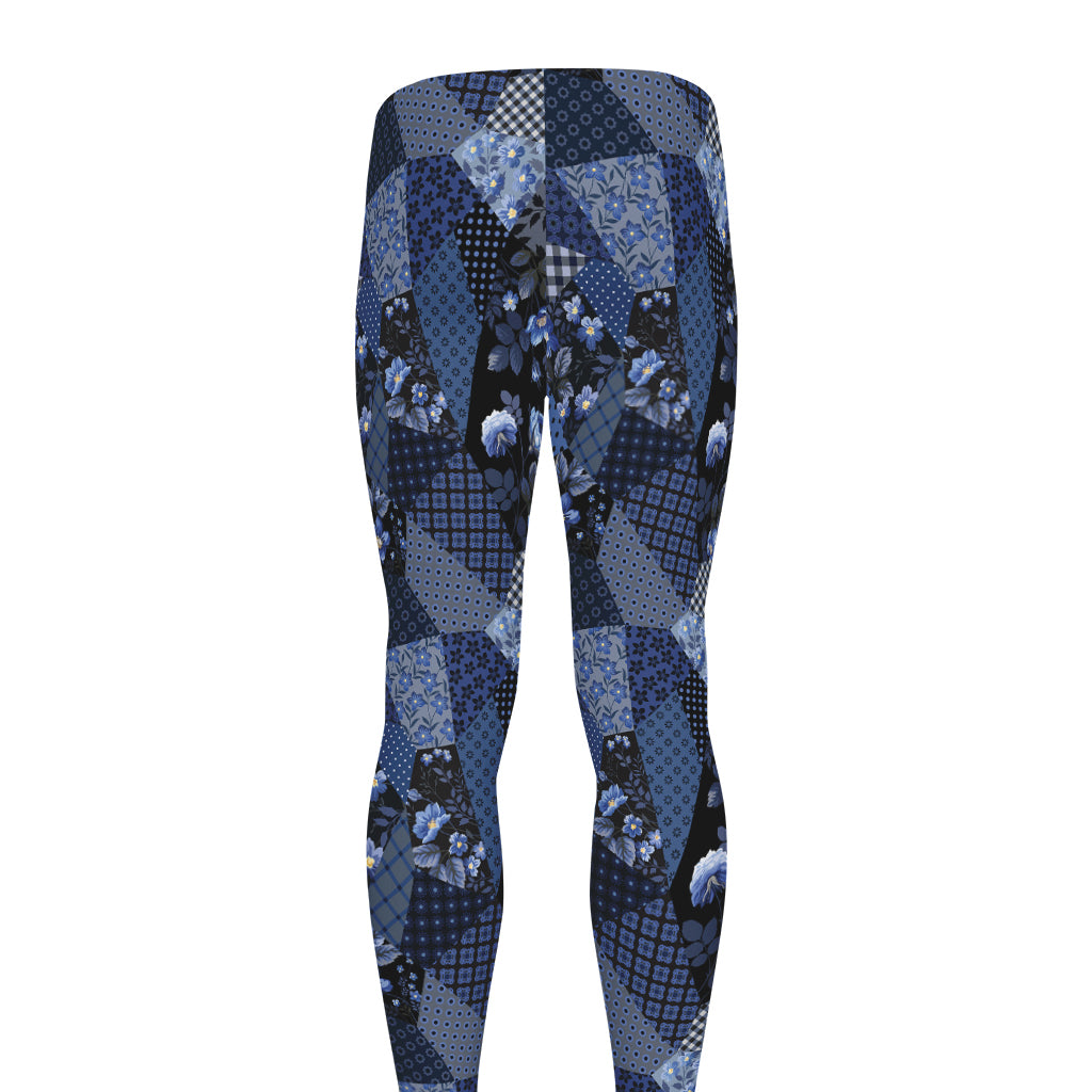 Blue Flower Patchwork Pattern Print Men's leggings